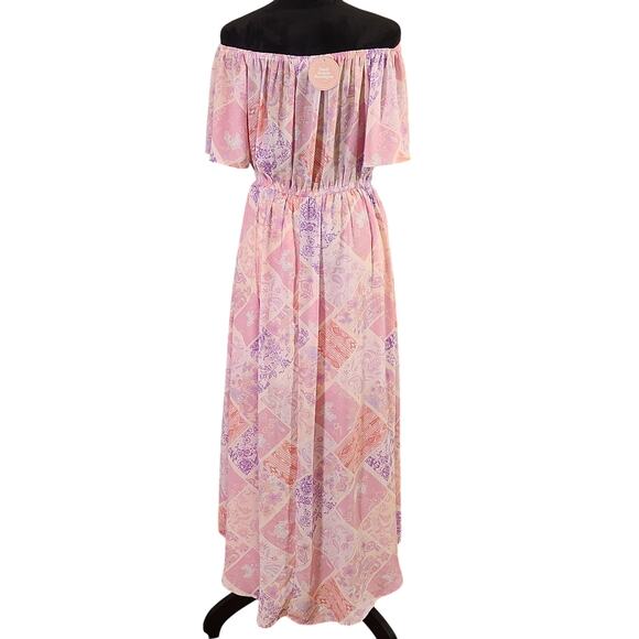 EMILY WONDER Off-Shoulder Pink Patchwork Midi Dress, Women's Size Large - Picture 3 of 12